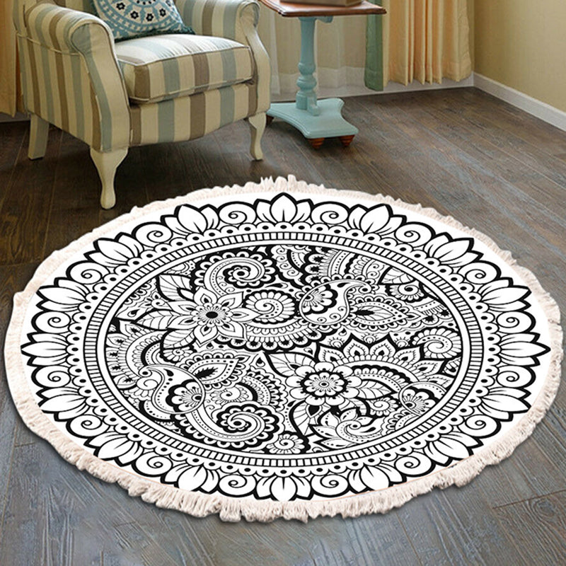 Round Black Tone Moroccan Area Carpet Cotton Concentric Circles Indoor Rug Washable Carpet for Living Room