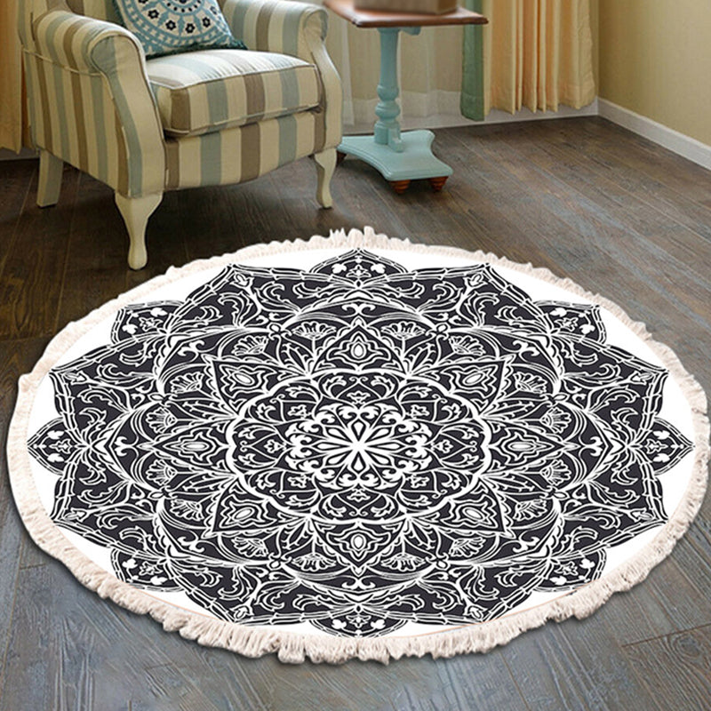 Round Black Tone Moroccan Area Carpet Cotton Concentric Circles Indoor Rug Washable Carpet for Living Room