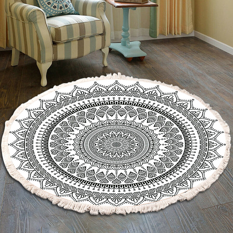 Round Black Tone Moroccan Area Carpet Cotton Concentric Circles Indoor Rug Washable Carpet for Living Room