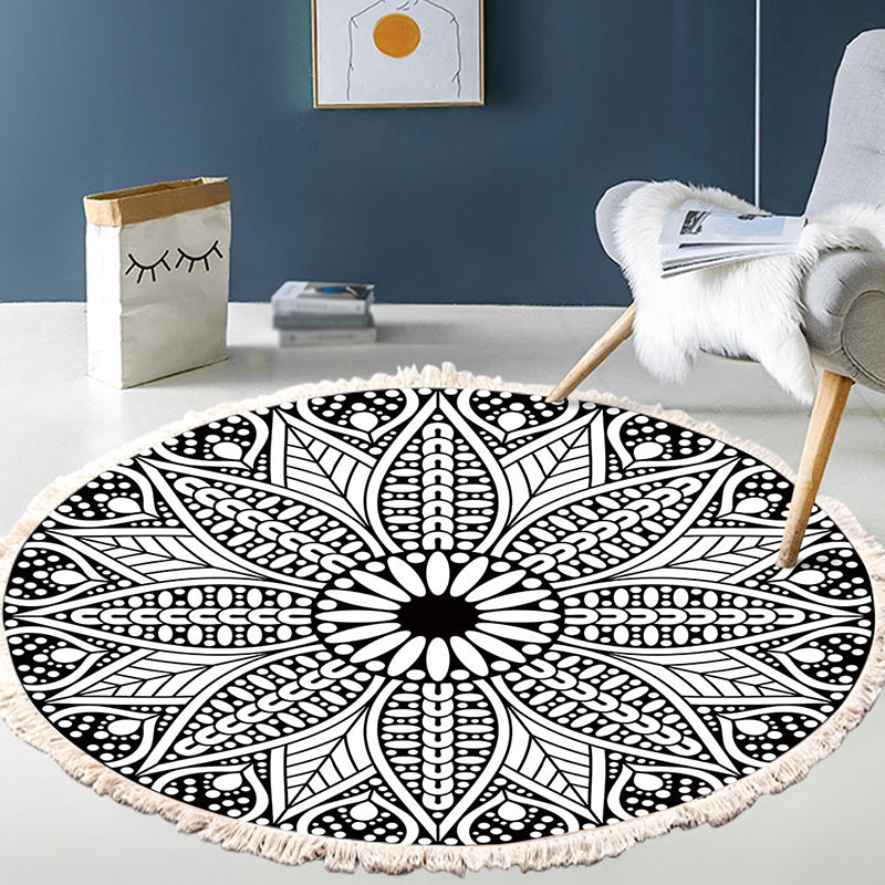 Round Black Tone Moroccan Area Carpet Cotton Concentric Circles Indoor Rug Washable Carpet for Living Room