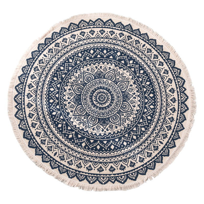 Round White Tone Modern Indoor Rug Cotton Symmetrical Pattern Carpet Easy Care Rug for Home Decoration