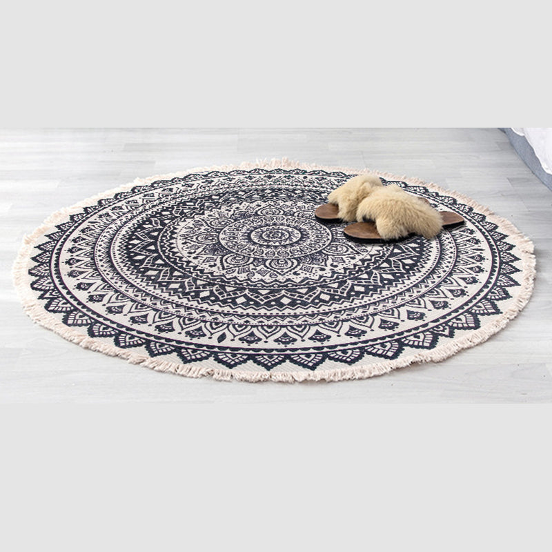Round White Tone Modern Indoor Rug Cotton Symmetrical Pattern Carpet Easy Care Rug for Home Decoration