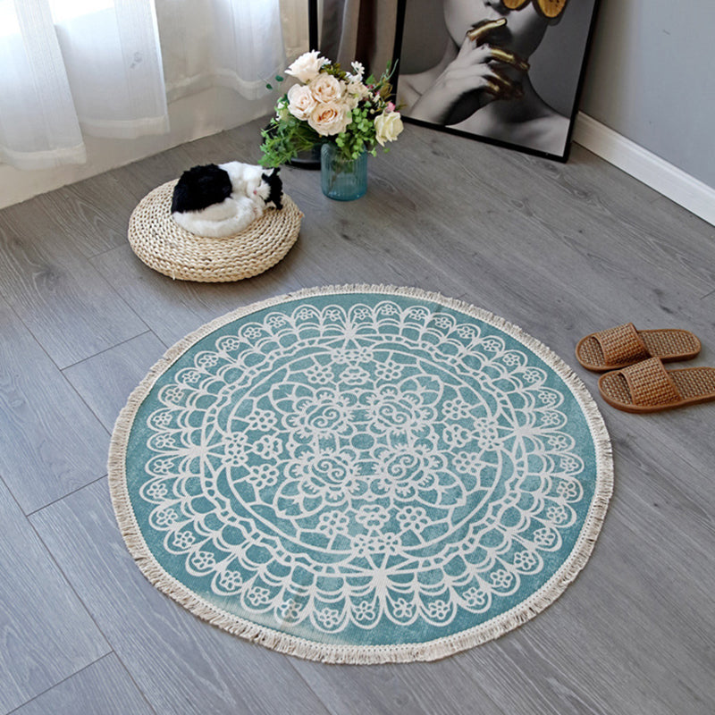Classical Moroccan Round Rug Comfort Traditional Floral Printed Carpet Cotton Blend Friendly Washable Carpet for Living Room