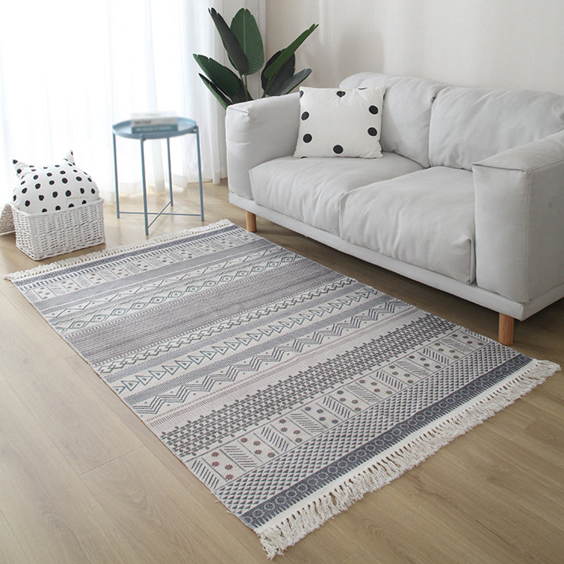 Blue Tone Modern Indoor Rug Cotton Ethnic Print Carpet Easy Care Rug for Home Decoration