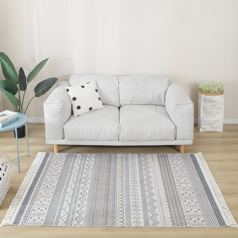 Blue Tone Home Decoration Carpet Eclectic Ethnic Printed Area Rug Cotton with Fringe Rug