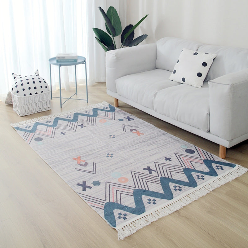 Blue Tone Home Decoration Carpet Eclectic Ethnic Printed Area Rug Cotton with Fringe Rug