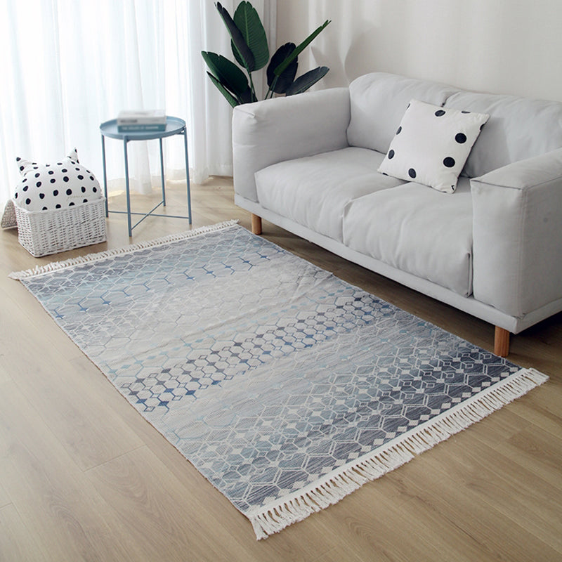 Blue Tone Home Decoration Carpet Eclectic Ethnic Printed Area Rug Cotton with Fringe Rug
