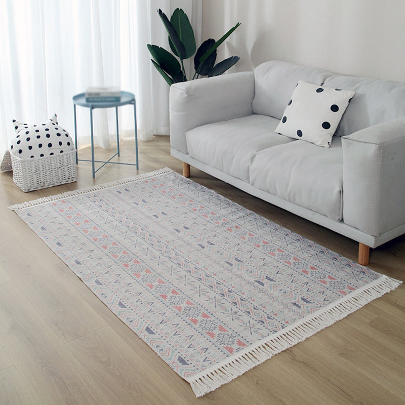 Blue Tone Home Decoration Carpet Eclectic Ethnic Printed Area Rug Cotton with Fringe Rug