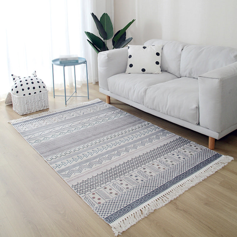Blue Tone Home Decoration Carpet Eclectic Ethnic Printed Area Rug Cotton with Fringe Rug