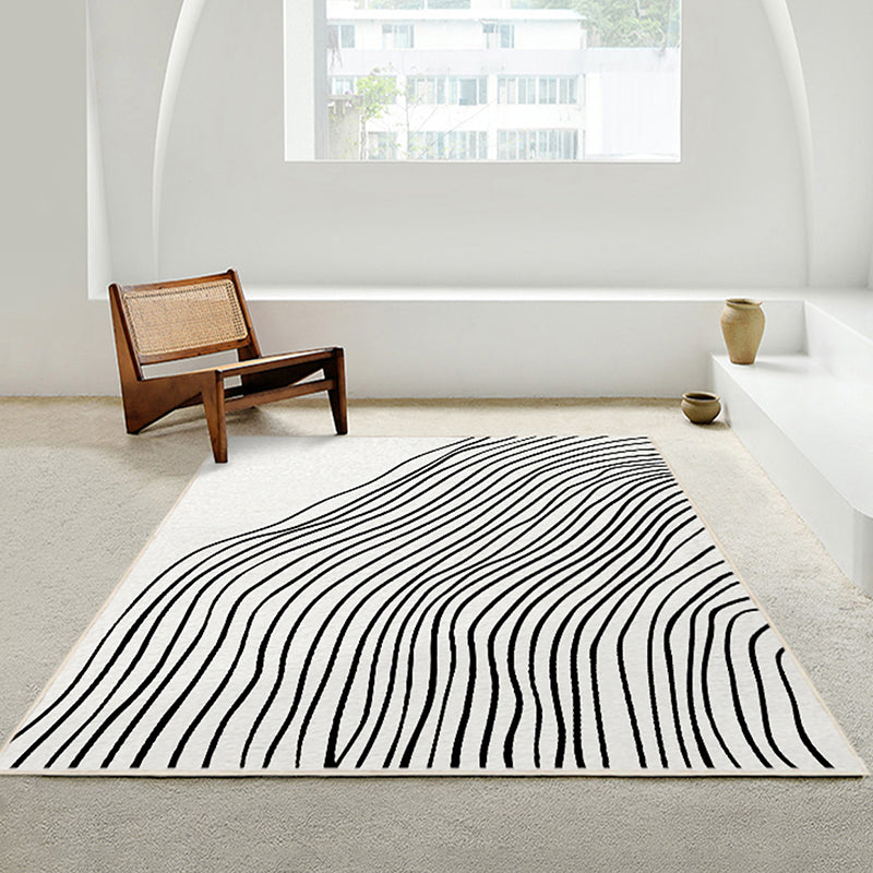 White Tone Casual Area Rug Polyester Lines Print Rug Non-Slip Backing Indoor Rug for Living Room