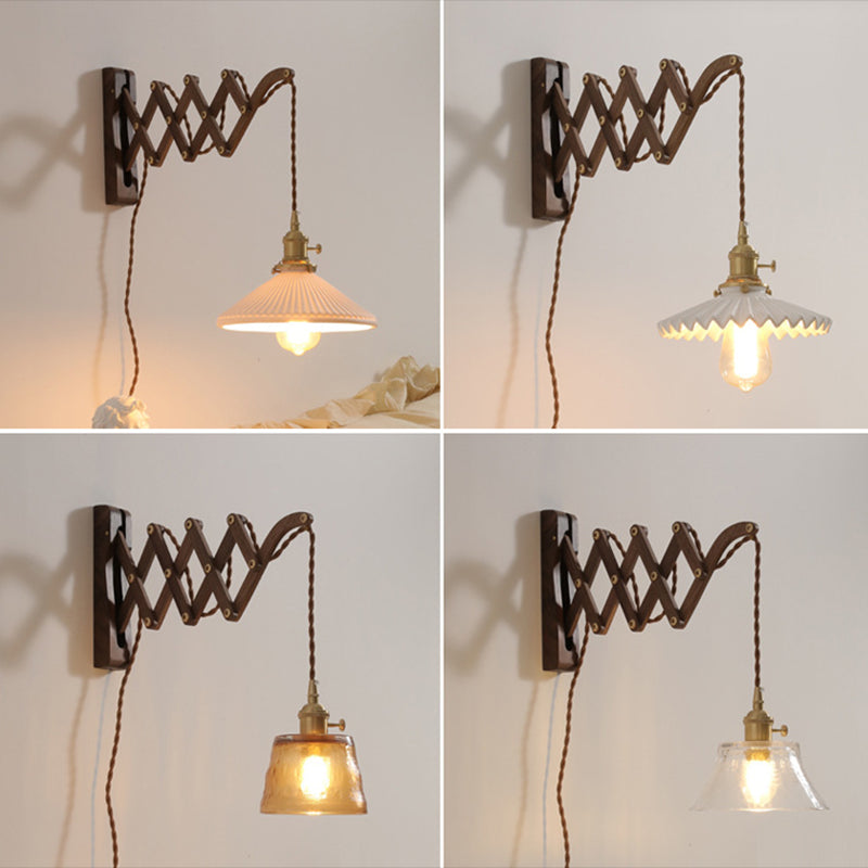 Dunkle Holz 1-Licht-Lesen Wandlampe Vintage Taperedglas ausziehbarer Wandleuchte
