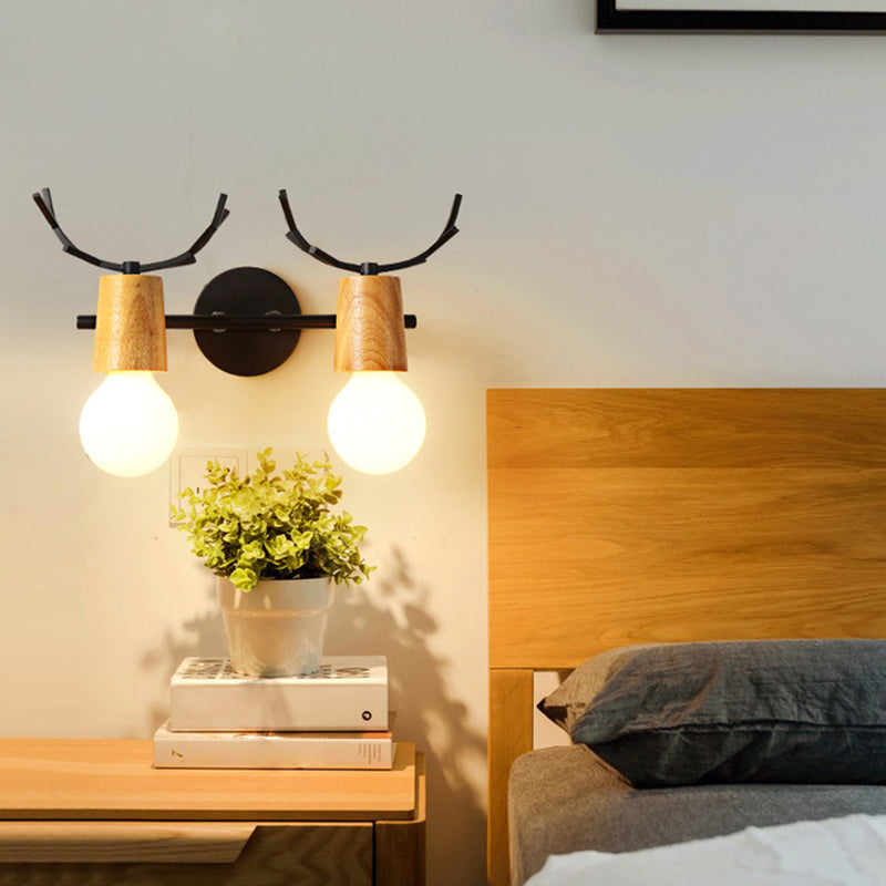 Noordse stijl eenvoud houten wandlamp metalen gewei ontwerp open lamp sconce licht voor slaapkamer