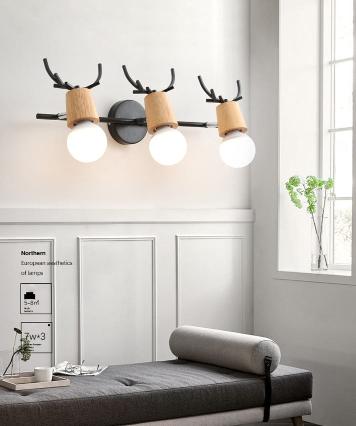 Noordse stijl eenvoud houten wandlamp metalen gewei ontwerp open lamp sconce licht voor slaapkamer