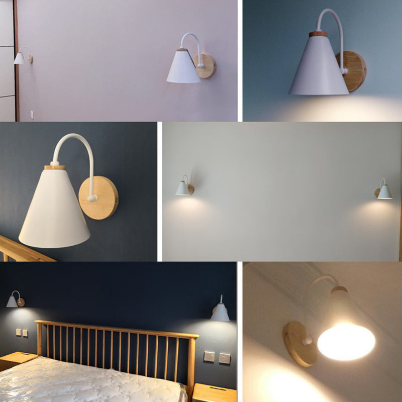 1-Light Minimalism Nordic Style Wall Lamp Metal Gooseneck Arm Design Cone Shade Sconce Lights for Bedroom