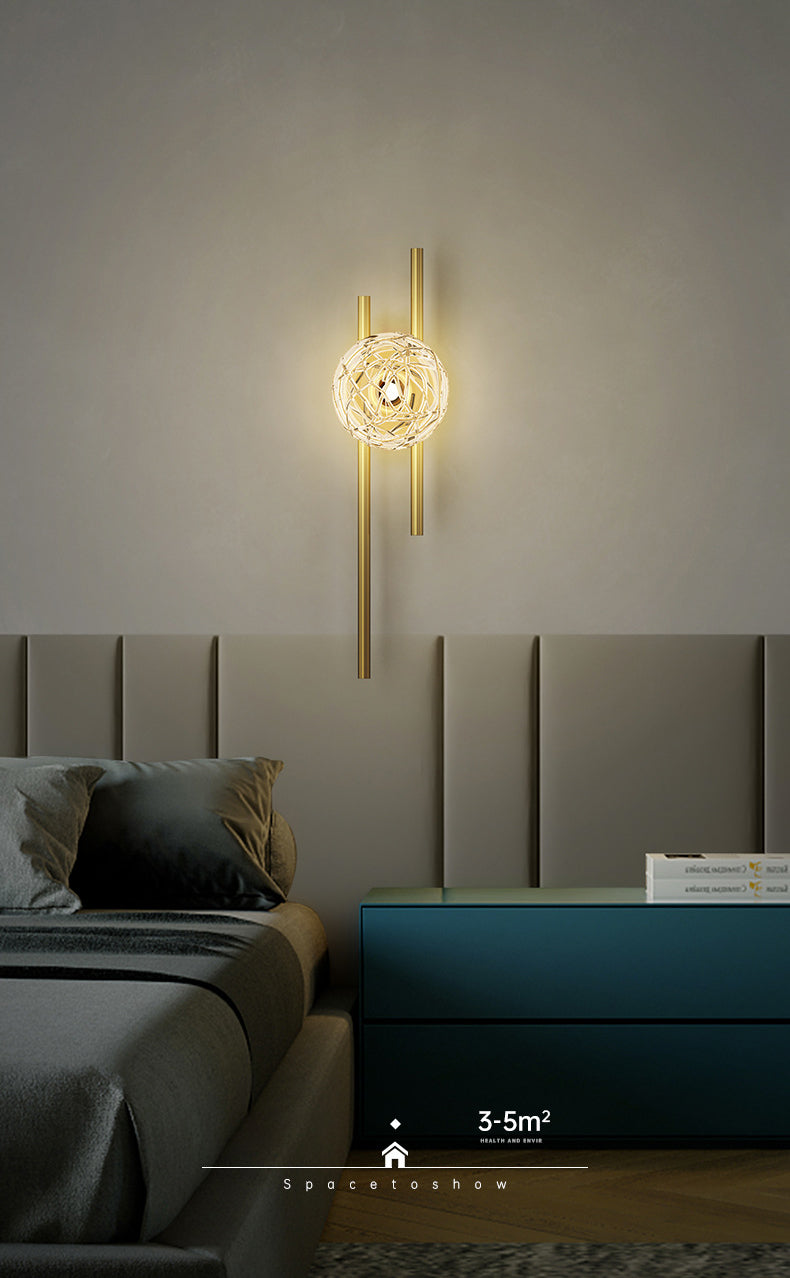 18" H Full Copper Wall Lamp Transparent Glass Globe Shade Nordic Style Metal Lines Sconce Lights for Bedroom