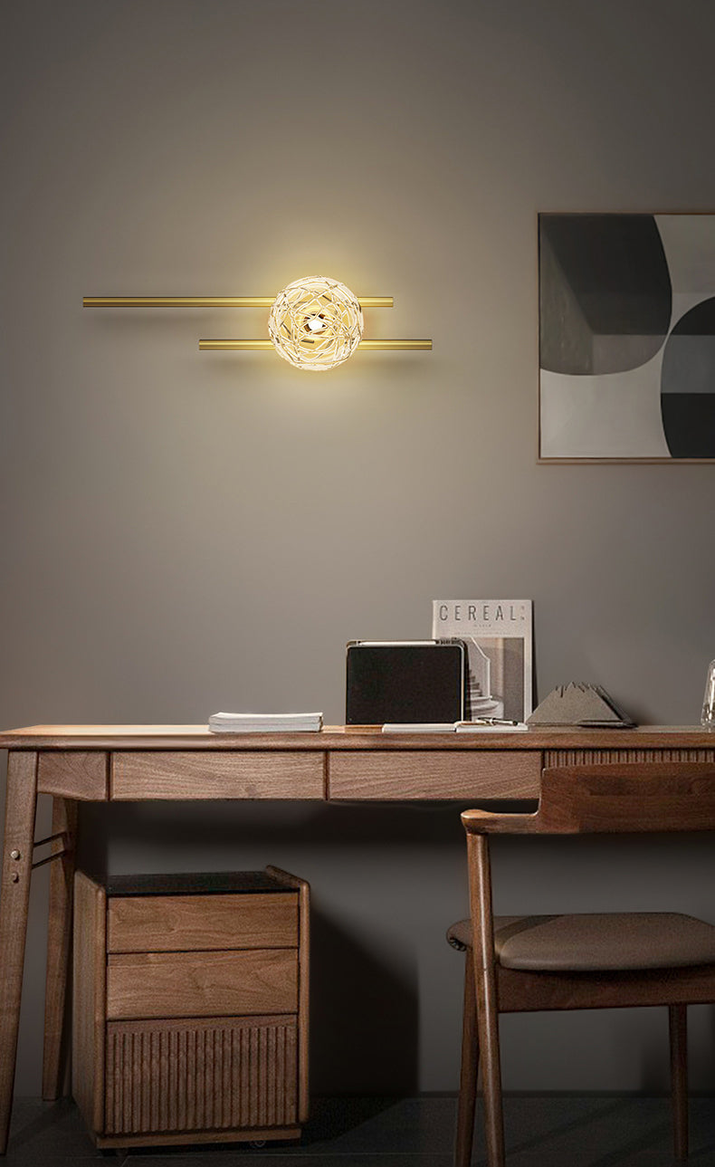 18" H Full Copper Wall Lamp Transparent Glass Globe Shade Nordic Style Metal Lines Sconce Lights for Bedroom