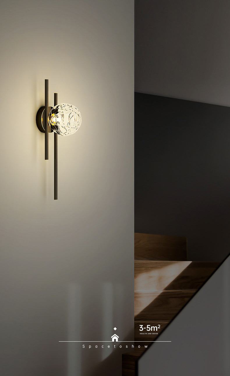 18" H Full Copper Wall Lamp Transparent Glass Globe Shade Nordic Style Metal Lines Sconce Lights for Bedroom