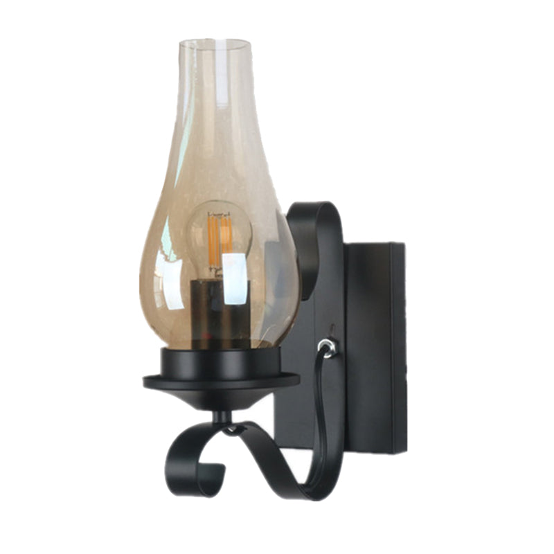 Schwarz 1-Licht Wandleuchte im industriellen Vintage-Stil schmiedeeisernen Indoor-Wandlicht mit Bernsteinglasschatten