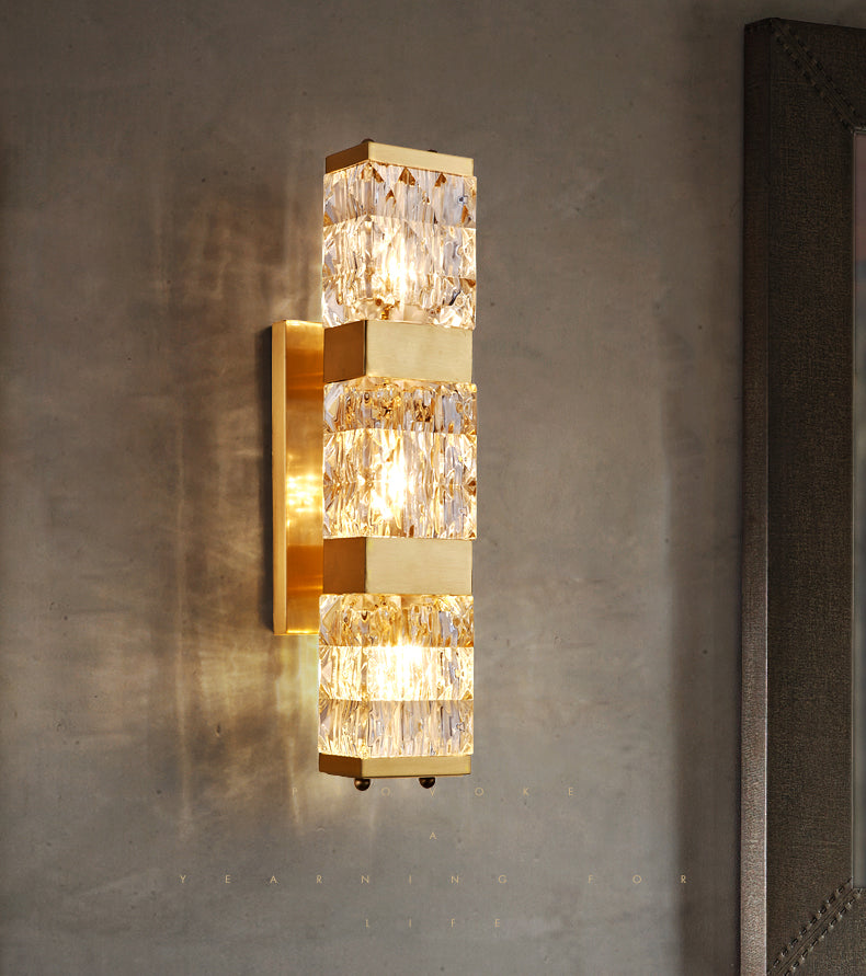 Gold Rectangular LED Wall Sconce in Modern Luxury Style Copper Indoor Wall Light with Crystal Shade