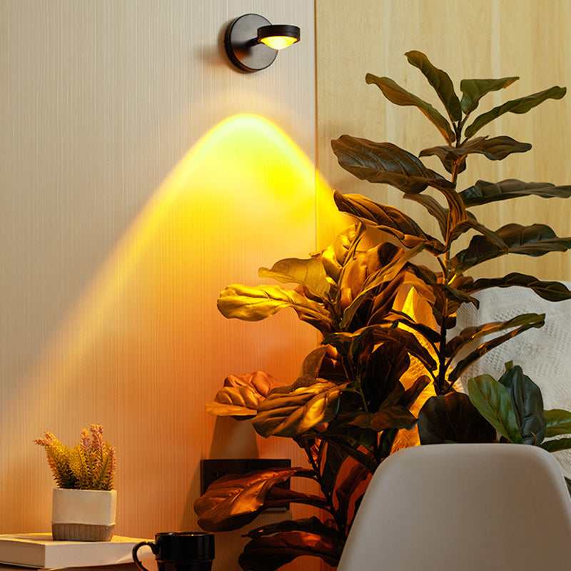 Round Sunset Projection Lamp Trendy Modern Metal Bedside LED Wall Light in Black