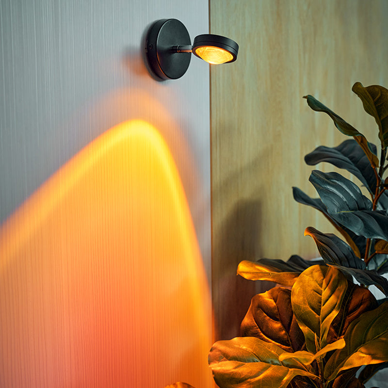 Round Sunset Projection Lamp Trendy Modern Metal Bedside LED Wall Light in Black