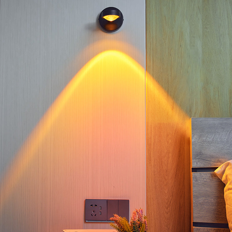 Round Sunset Projection Lamp Trendy Modern Metal Bedside LED Wall Light in Black