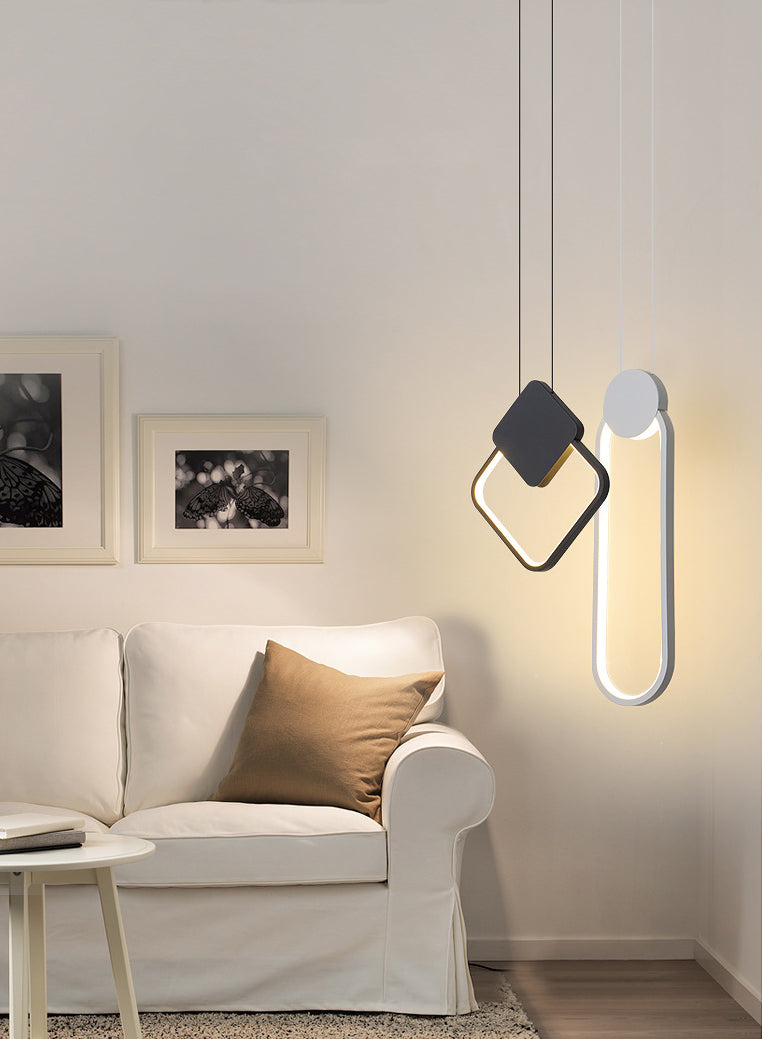 Zwart geometrische LED -hanglamp in modern eenvoudige smeedijzeren plafondlicht met acrylschaduw