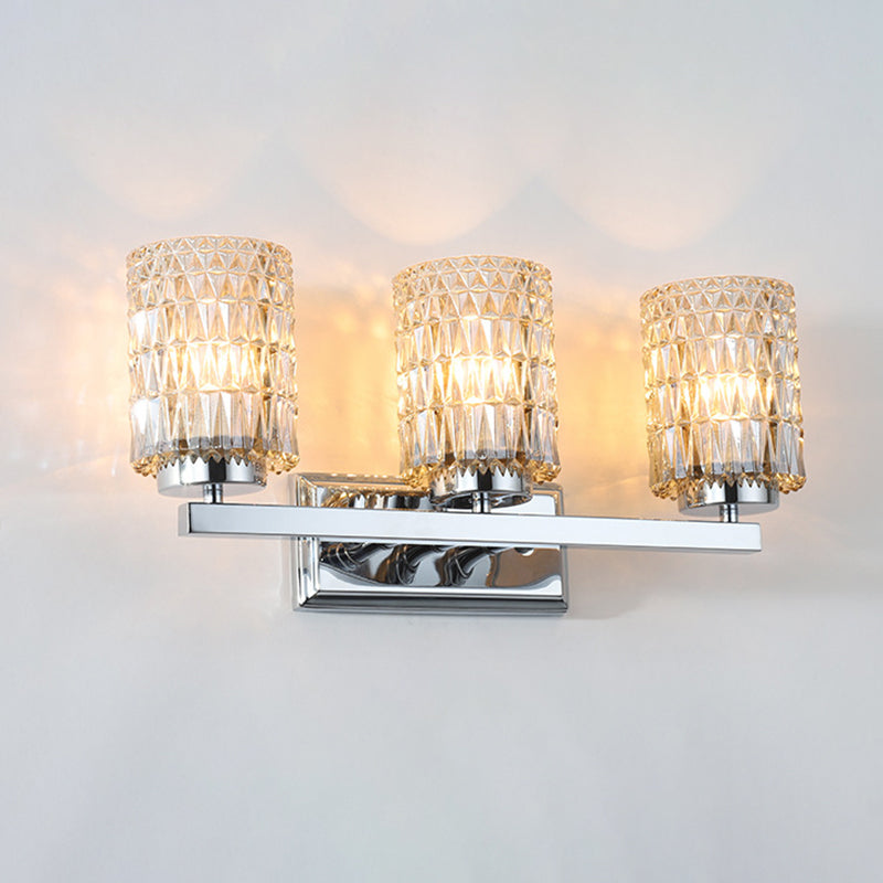 3-Light Cylindrical Vanity Lamp Traditional Chrome Lattice Glass Wall Sconce for Bathroom