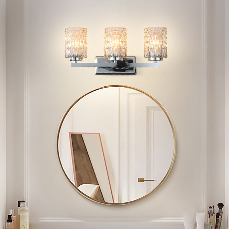 3-Light Cylindrical Vanity Lamp Traditional Chrome Lattice Glass Wall Sconce for Bathroom