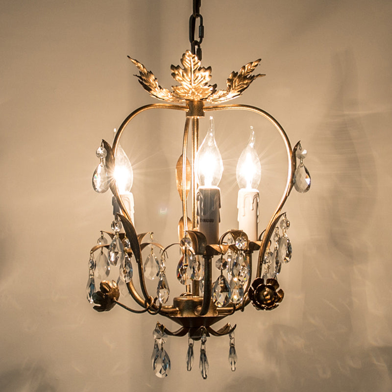 12,2 "breites Vintage Rustikalstil Kristallkronleuchter Licht 3 Licht Metallic Blatt dekoratives Schlafzimmer Anhänger Licht in Gold