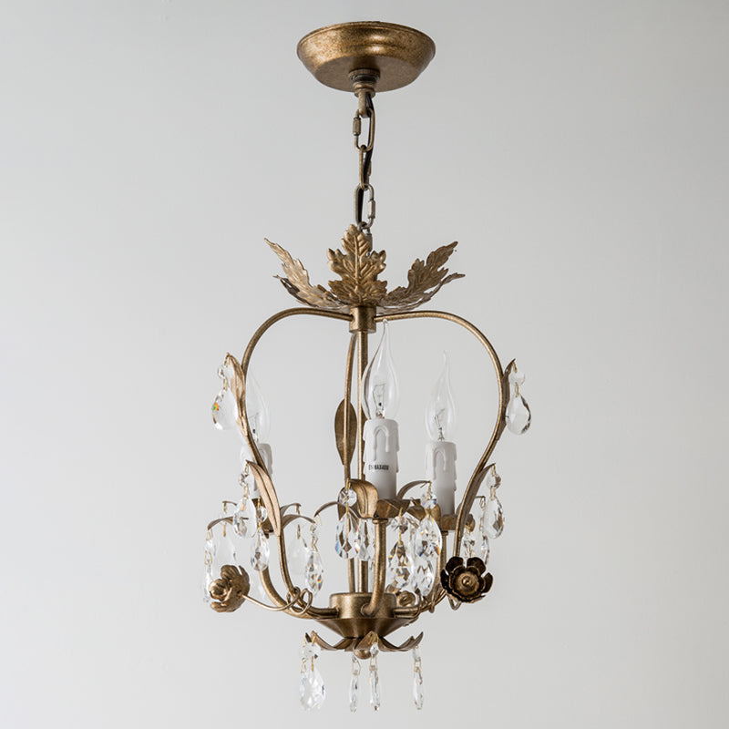 12.2" Wide Vintage Rustic Style Crystal Chandelier Light 3-Light Metallic Leaf Decorative Bedroom Pendant Light in Gold