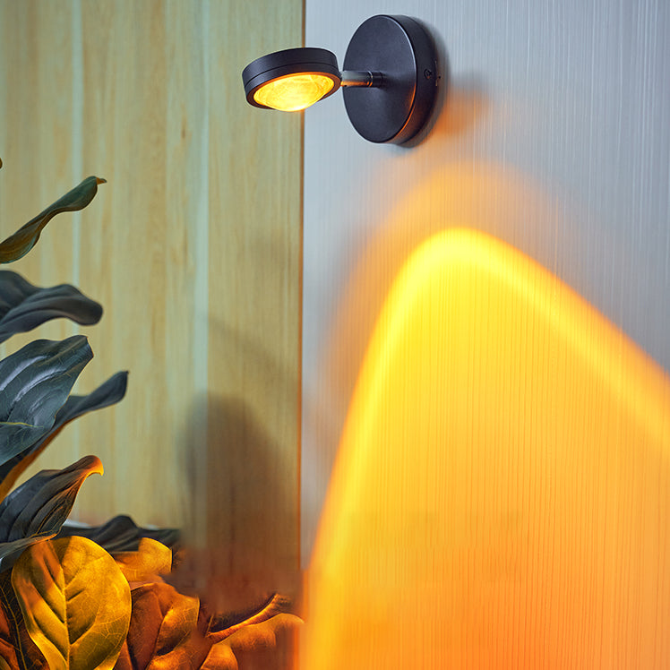 Round Sunset Projection Lamp Trendy Modern Metal Bedside LED Wall Light in Black