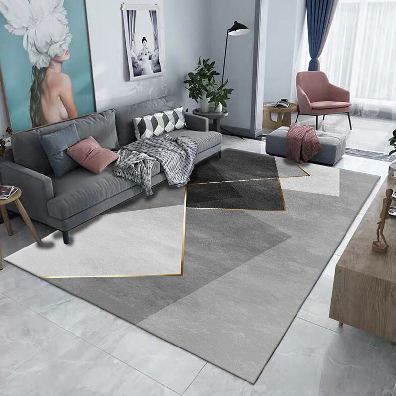 Grey Tone Modern Area Rug Polyester Geometric Splicing Print Rug Non-Slip Backing Indoor Rug for Living Room