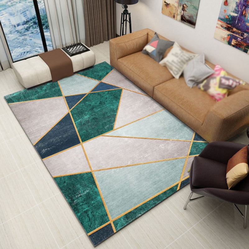 Green Tone Modern Indoor Rug Polyester Geometric Splicing Print Carpet Easy Care Rug for Home Decoration