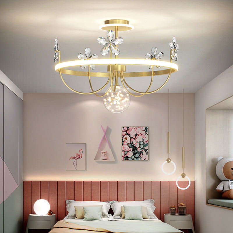 Simplicity Style Gold Circles LED Ceiling Light Crystal Petals Decorative LED Light Strings Clear Glass Globe Lighting Fixture for Bedroom