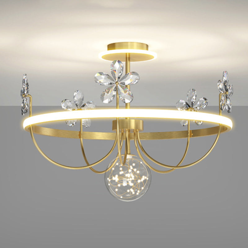Simplicity Style Gold Circles LED Ceiling Light Crystal Petals Decorative LED Light Strings Clear Glass Globe Lighting Fixture for Bedroom