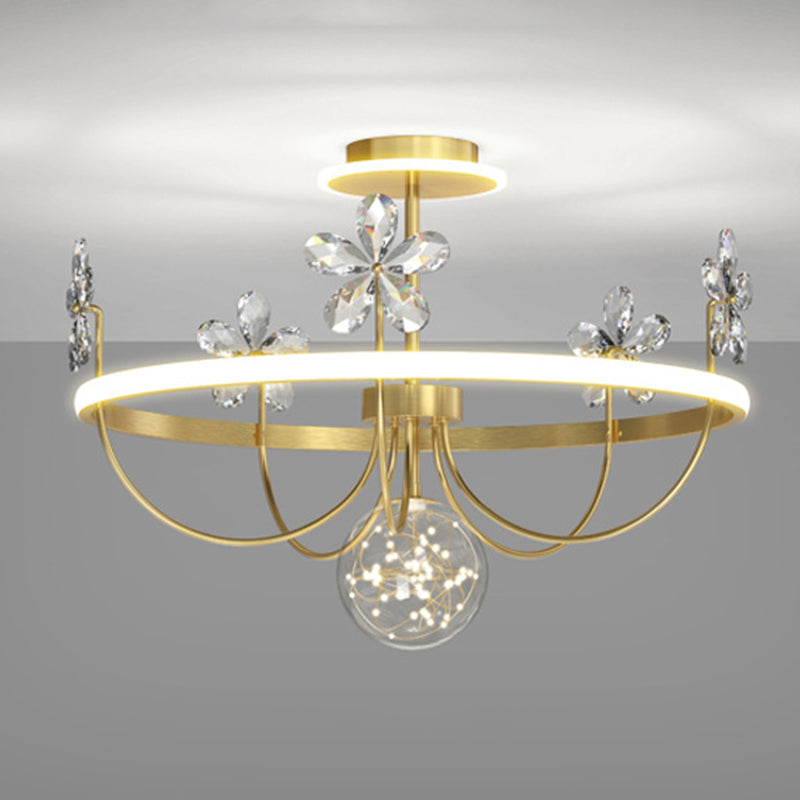 Simplicity Style Gold Circles LED Ceiling Light Crystal Petals Decorative LED Light Strings Clear Glass Globe Lighting Fixture for Bedroom