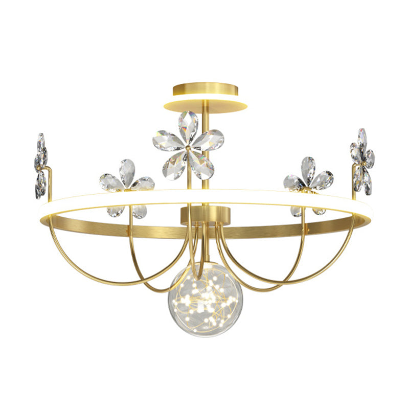 Simplicity Style Gold Circles LED Ceiling Light Crystal Petals Decorative LED Light Strings Clear Glass Globe Lighting Fixture for Bedroom