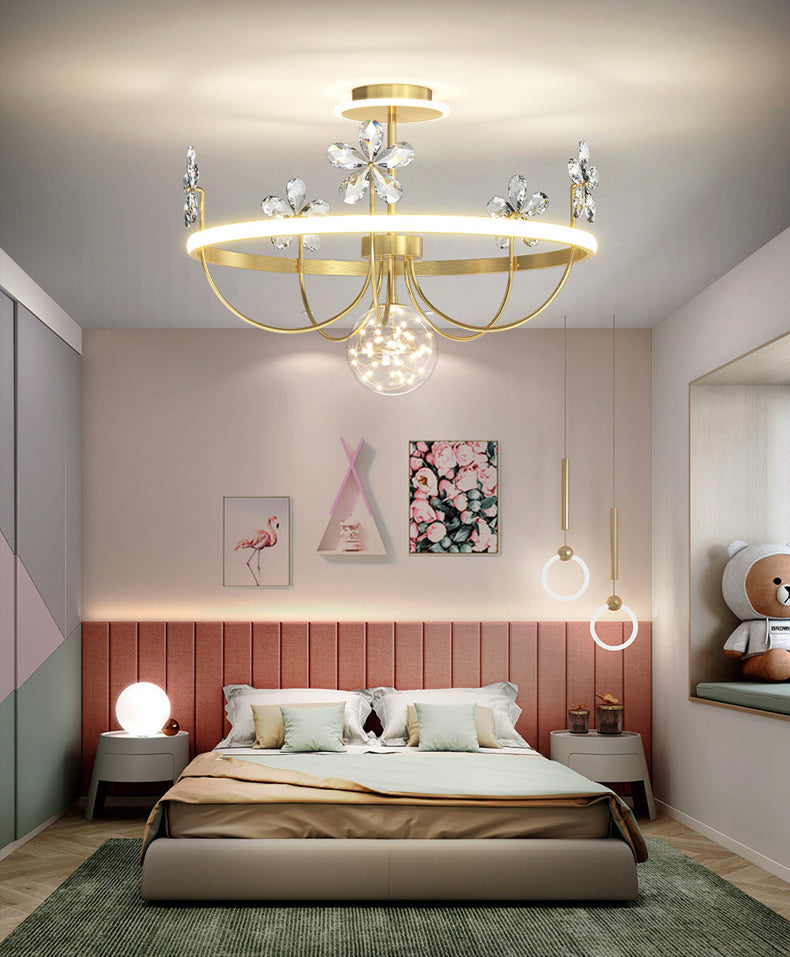 Simplicity Style Gold Circles LED Ceiling Light Crystal Petals Decorative LED Light Strings Clear Glass Globe Lighting Fixture for Bedroom