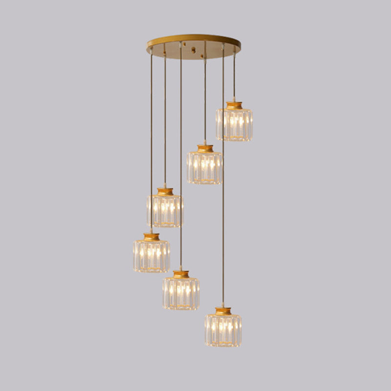 Gold Stairway Cluster Pendant Light in Modern Luxury Style Wrought Iron Hanging Light with Crystal Shade