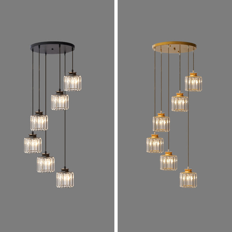 Gold Stairway Cluster Pendant Light in Modern Luxury Style Wrought Iron Hanging Light with Crystal Shade