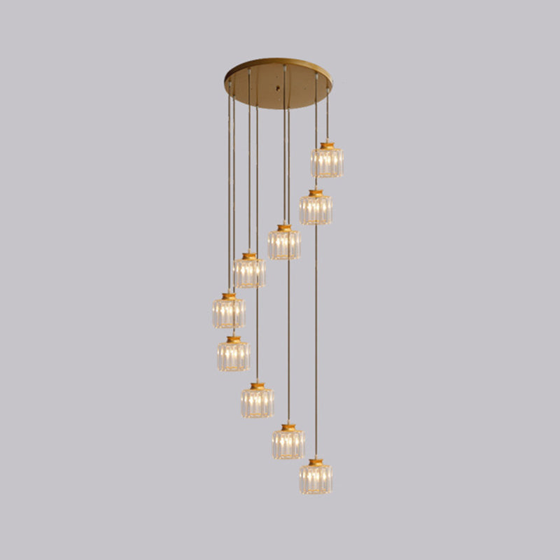 Gold Stairway Cluster Pendant Light in Modern Luxury Style Wrought Iron Hanging Light with Crystal Shade
