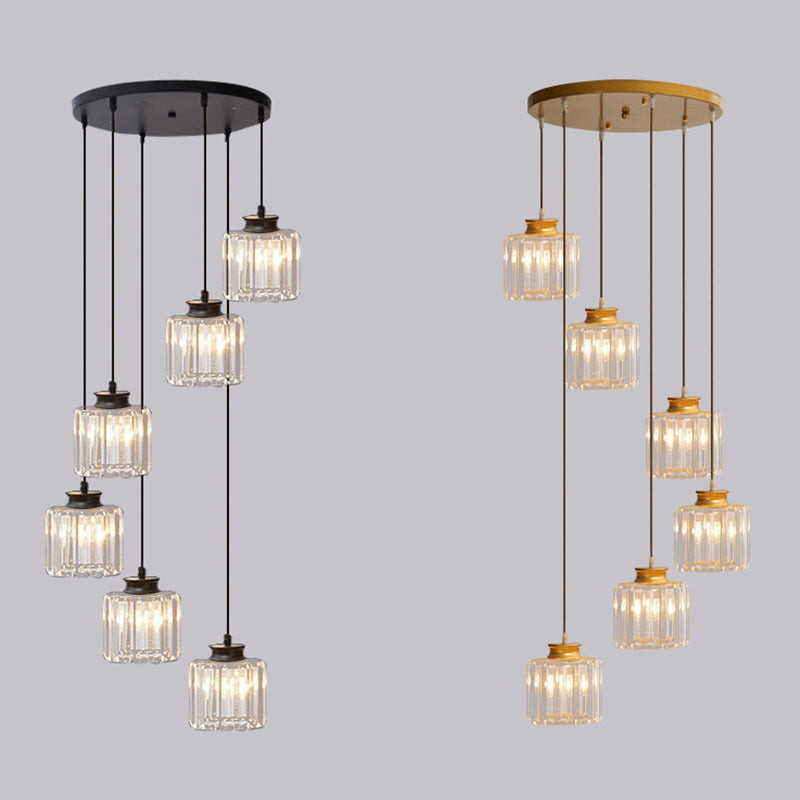 Gold Stairway Cluster Pendant Light in Modern Luxury Style Wrought Iron Hanging Light with Crystal Shade