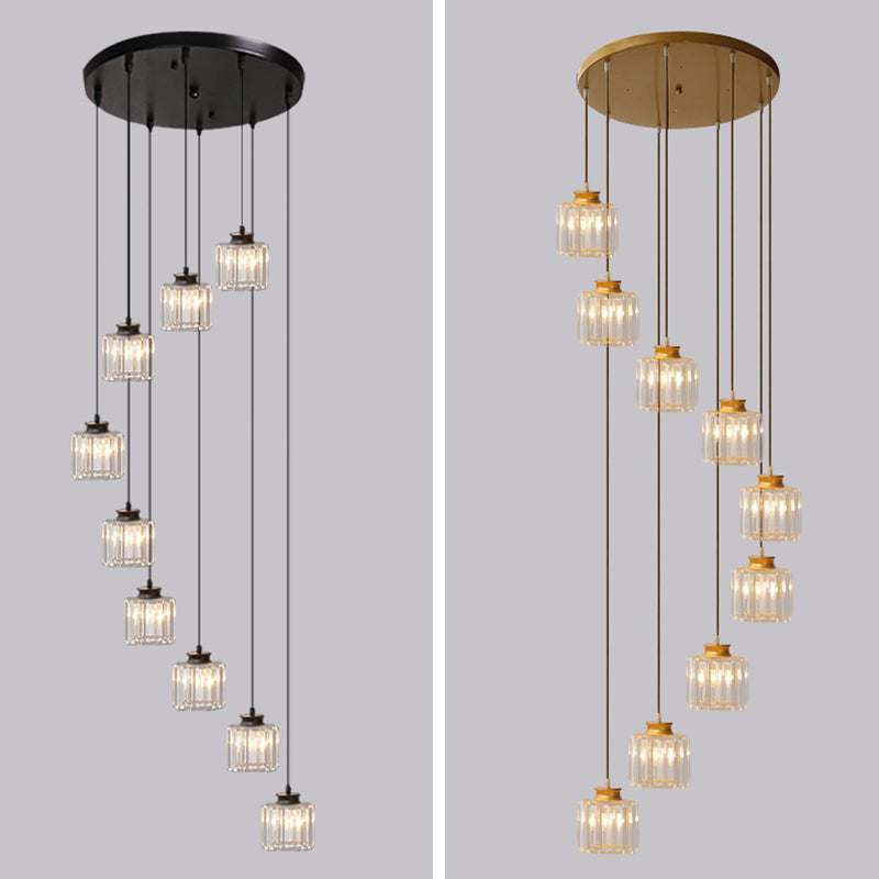 Gold Stairway Cluster Pendant Light in Modern Luxury Style Wrought Iron Hanging Light with Crystal Shade