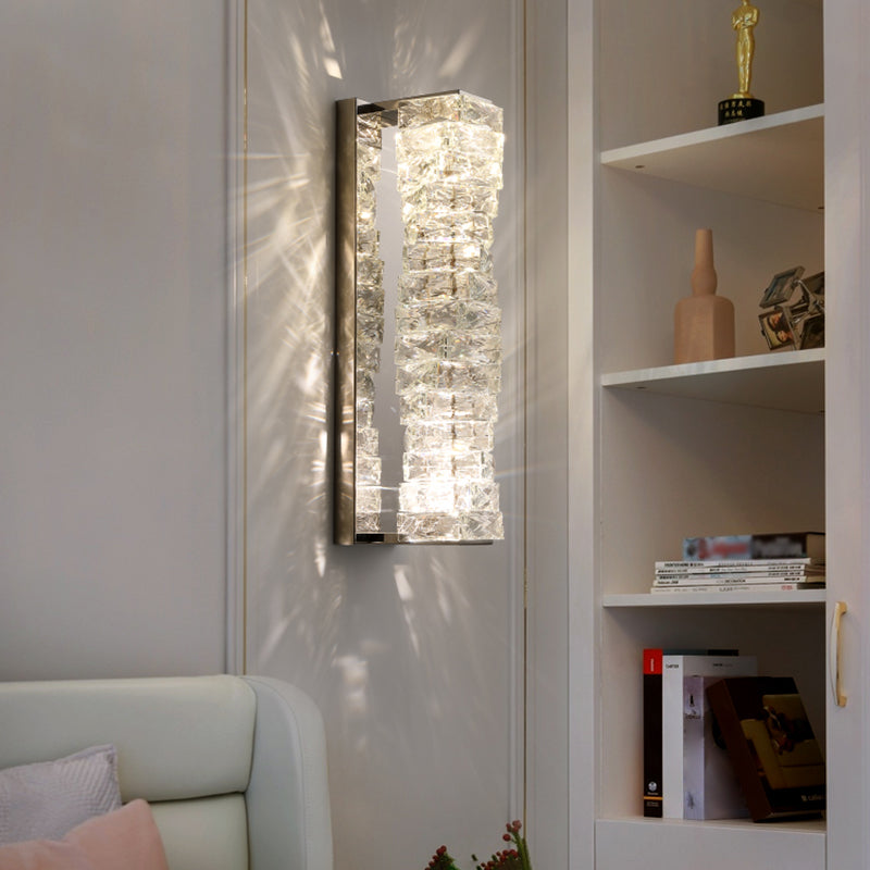 Silver Rectangular LED Wall Sconce in Modern Artistic Style Metal Wall Lamp with Crystal Shade
