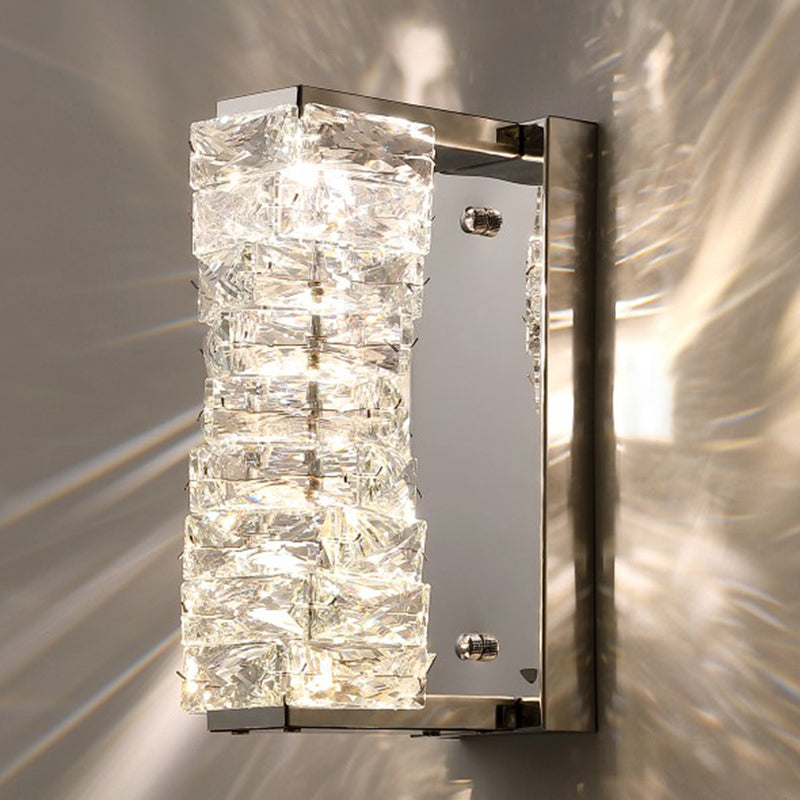 Zilveren rechthoekige LED -wand sconce in moderne artistieke stijl metalen wandlamp met kristalschaduw