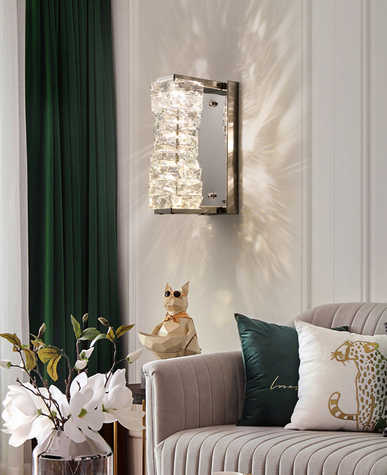 Silver Rectangular LED Wall Sconce in Modern Artistic Style Metal Wall Lamp with Crystal Shade