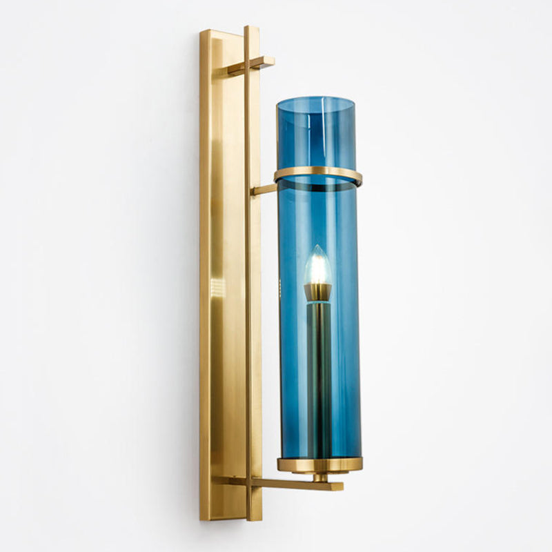 Minimalism Wall Sconce Lighting Blue Cylindrical Sconce Light Fixture with Glass Shade