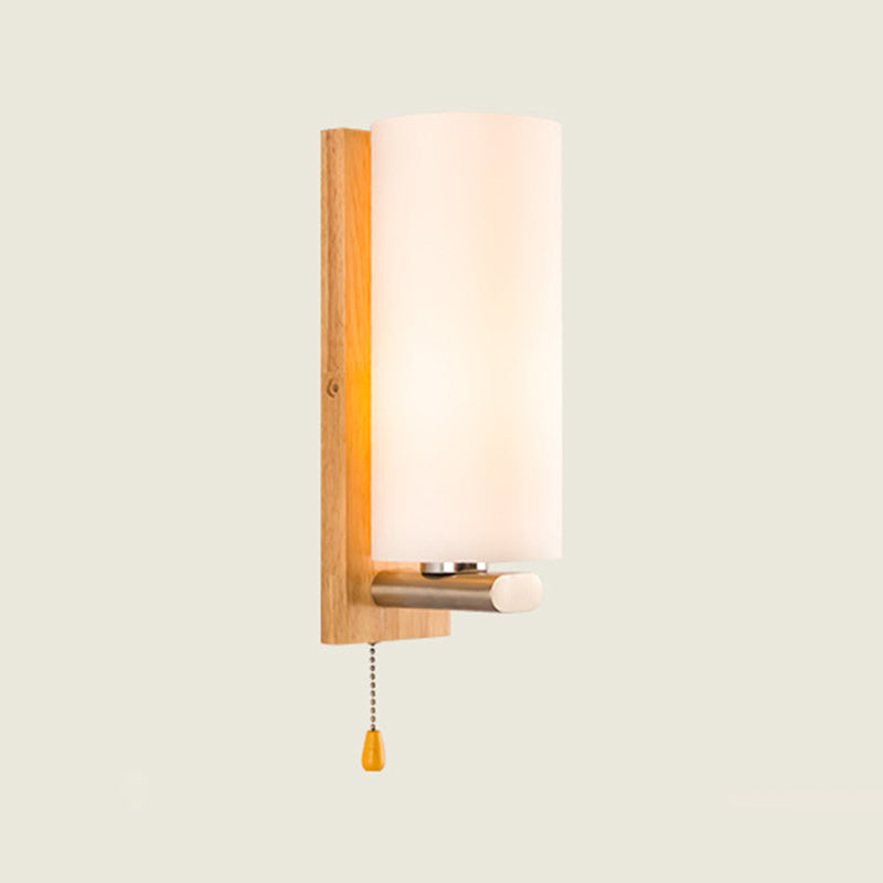 Nordic Style Wooden Wall Lamp White Cylindrical Shade Simplicity Lighting Fixture with Hand Pull Switch