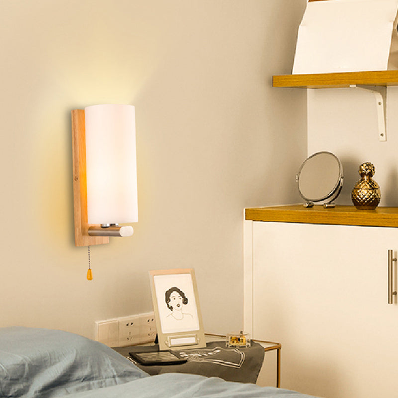 Nordic Style Wooden Wall Lamp White Cylindrical Shade Simplicity Lighting Fixture with Hand Pull Switch